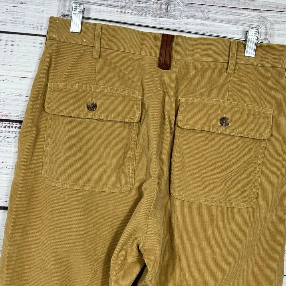 Orvis Corduroy Pants Men's 32 Flat Front Tan Khaki Leather Trim Pockets flap